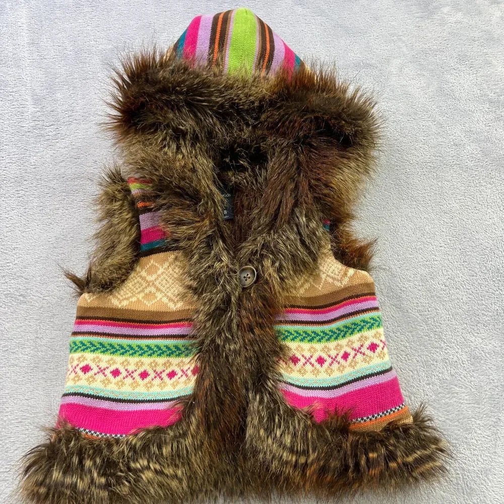 GapKids Medium Multi Color Knit sweater Vest  Fux Fur lining & hoodie‎ Tribal